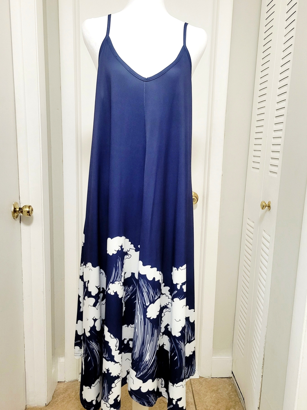 Navy Blue Maxi Slip Dress with White Wave Print